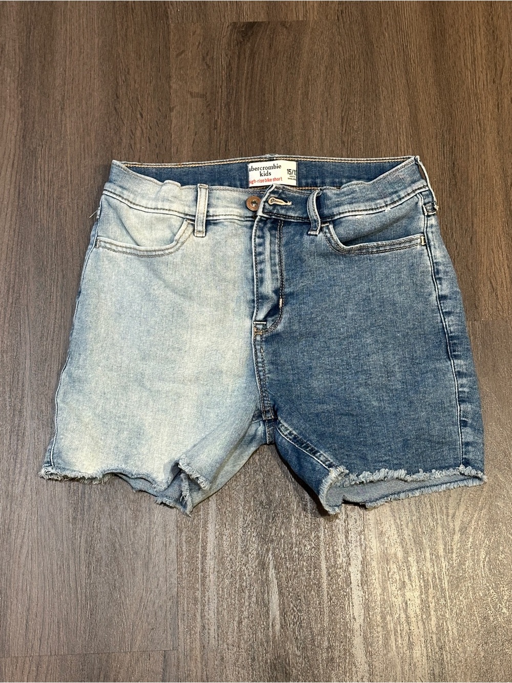 Abercrombie Kids Girls 15/16 Two Tone High Rise Denim Bike Shorts Raw Hem